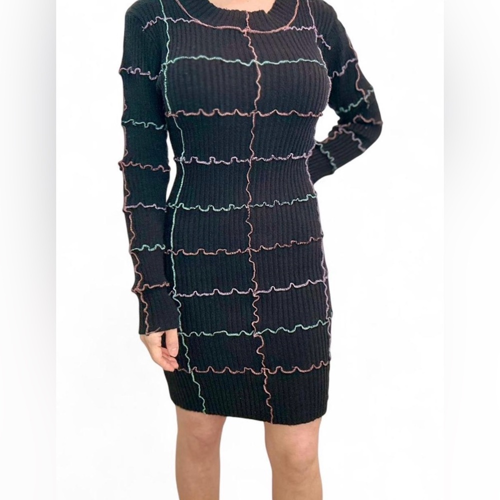 Hot & Delicious Black Cable Knit Ribbed Dress Long Sleeve Multicolor Accents L